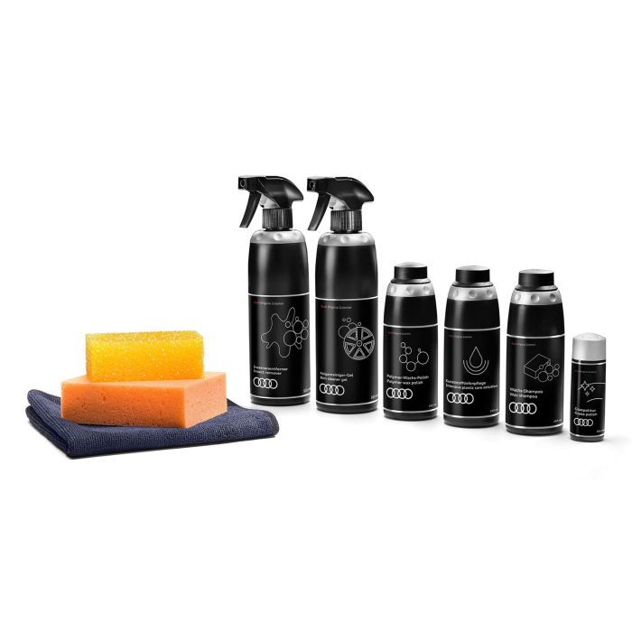 Audi Pflegemitteltasche Felgenreiniger-Gel Insektenentferner Kunststofftiefenpflege Polymer-Wachs-Polish Wachs-Shampoo Glaspolitur Mikrofasertuch Insektenschwamm Schwamm  4L0096353C